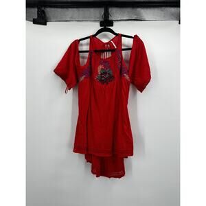 Free People Tunic Womens Small Red Embroidered‎ Boho Peasant Cold Shoulder Top